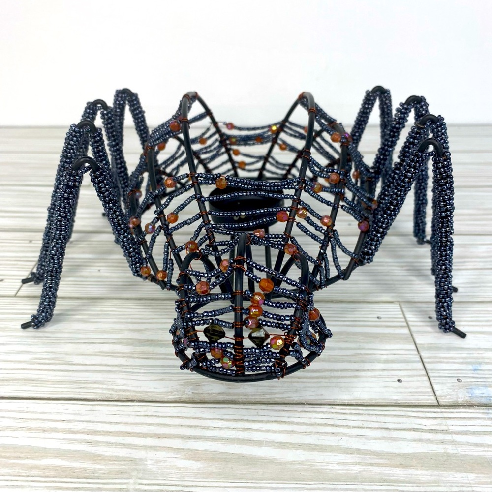 Black Beaded Wire Spider Tealight Candle Holder Halloween Decoration